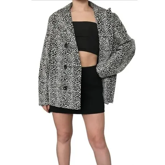 Vintage Sz L Animal Print Leopard Velvet Double Breasted Blazer Jacket Black Wht - Picture 3 of 16